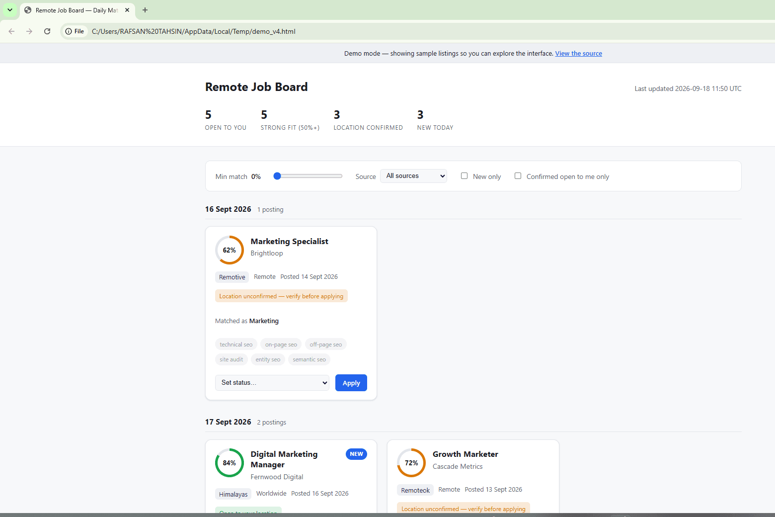 Remote Job Board dashboard showing scored listings grouped by date